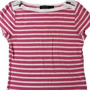 Ralph Lauren Sz Large Womens Pink Striped Cap Sleeve Zipper Detail Shirt Casual
